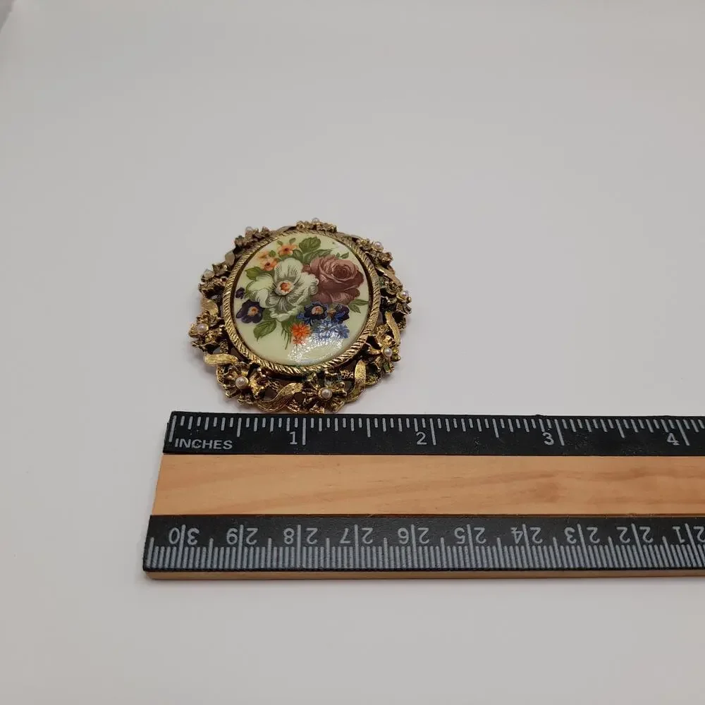 Vintage Porcelain Floral Brooch Pendant Combo, Faux Pearls, 2 1/4 Inches